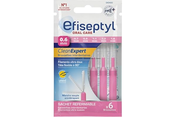 Efiseptyl - Brossettes Interdentaires Clean Expert 0,6mm - Sachet Refermable - Avec Traitement Antibactérien - Sachet de 6 Brossettes