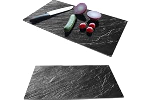 DANIEL JAMES HOUSEWARES Set of 2 Glass Chopping Boards - 2pcs Universal Hob Cover Worktop Savers for Induction, Ceramic & Electric Stove - Non-Slip Tempered Glass Cutting Board - Black Slate Marble