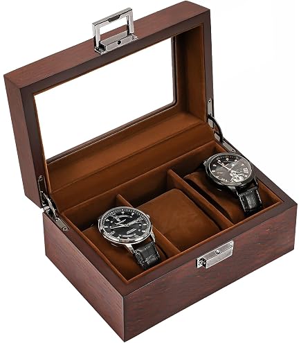 Boîte à Montres En Bois GALPADA - 3 Emplacements, Couvercle Verre, Doublure Velours, 16.5x12x7.5 Cm