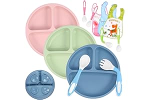 twocolur 3 jeux Assiette Silicone Bébé avec Ventouse, Assiette Bébé Design de Séparation avec Ustensiles et Bavoirs, sans BPA, passe au micro-ondes et au lave-vaisselle, sevrage & alimentation faciles
