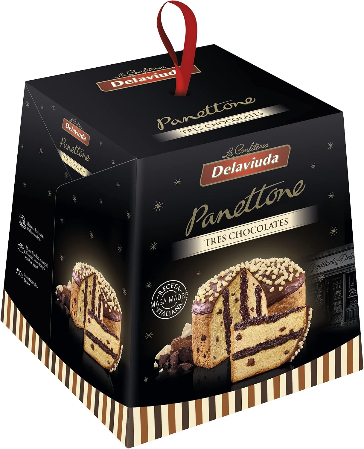 Delaviuda, Panettone 3 Chocolates, Panettone Italiano con Receta Tradicional con Gotas de Chocolate, Panettone de Navidad, Panettone de Chocolate, 750 Gramos