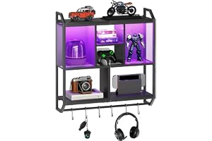 HOOBRO Vägghylla för spelkonsoler, vertikal förvaring i 4 nivåer, flytande stativ med LED-belysning och 6 krokar, för e-sport
