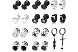 BVLAGIDA 22 Piezas Pendientes Hombres Acero Inoxidable Pendientes de Aro Pendientes Fake Plug Negro Redondo Pendientes Hipoalergénico Colgantes Pendientes para Hombres Mujeres