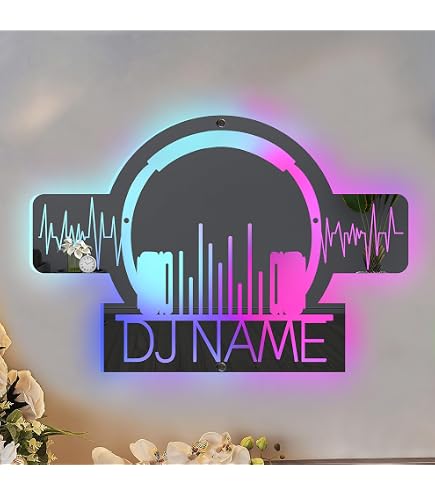 MYZQIFF Personnalisé DJ Casque Miroir signe, nom personnalisé disque lecteur de musique mur art signe avec lumière LED, DJ Casque LED néon signe mur accrocher décor