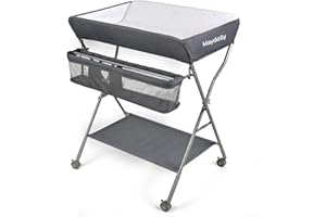 Maydolly Baby Klappbar Wickelkommode，Mobiler Wickeltisch mit Rollen und Wickelauflage,Wasserdicht und Höhenverstellbar，Baby Wickelkombi mit Ablagefächern(dunkelgrau)