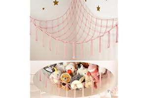 Stuffed Animal Storage Hammock Corner Net For Kids Room Organization, Large Toy Organizer Holder For Girls Bedroom Wall, Boho Nursery Decor For Plush Animals, Soft Dolls & Cute Toys (Pink)