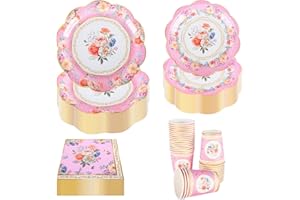 PHUNAT Vintage Party Tableware Set for 30 Guests - Pink Floral Paper Plates Napkins & Teacups - Classic British Style Paper Tableware for Garden Afternoon Tea Party, Baby Shower, Birthday, Wedding
