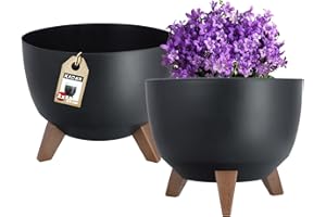 KADAX Pot de Fleurs en Plastique sur Trois Pieds, Effet Bois pour Sublimer la Décoration de Votre Maison, Intérieur et Extérieur (Lot de 2: Noir, 29 cm)
