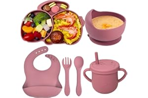 Domueay Zestaw naczyń dla niemowląt, 6 sztuk, talerze dla dzieci z przyssawką, miska, śliniaczek, filiżanka, łyżka, widelec, silikonowe naczynia dla niemowląt, antypoślizgowe, zmywalne, bez BPA,