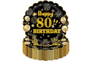HFBOBP 50Pcs 80th Birthday Party Paper Plates,7inch Disposable Black and Gold Scalloped Dessert Tableware for Wedding Anniversary Reception Event Decorations