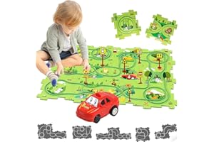 DUOLEEY Auto Autorennbahn 12pcs DIY-Puzzlebahn für Kinder DIY-Route Cars Geschenkspiele ab 2-6 Jahren (Land)