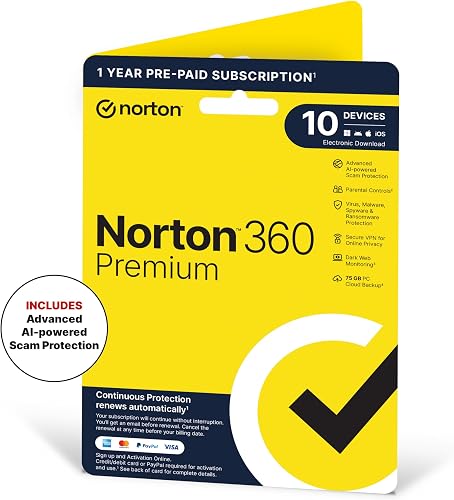 Norton 360 Premium 2026, Antivirus software for 10 Devices and 1-year subscription with automatic renewal, Includes Secure VPN and Password Manager, PC/Mac/iOS/Android, Activation Code by Post