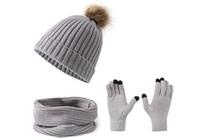 Embouro Damen 3-in-1-Pom-Pom Beanie-Schal-Handschuh-Set, Winterset für kaltes Wetter für Frauen mit abnehmbaren Pom-Poms