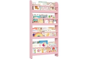 FOREHILL Kids Bookcase Wall Mounted Bookshelf 4 Tier Children's Book Organizer Display Storage Rack Wooden for Children's Room Nursery 58x12x111cm Pink