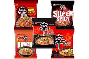 STARRY MART Nongshim SHIN Ramyun Korean Ultimate Spicy Ramen Bundle - Original, Red Super Spicy, Black, Kimchi & Stir Fry Noodles (Pack of 5) HALAL