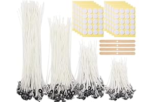 JEMESI 200 piezas Mechas de Velas en 4 Tamaños Diferentes(5/9/15/20cm), con Soporte Fijo y 200 Pegatinas de Mecha de Puntos de Doble Cara, para Hacer Velas, Vela DIY
