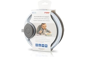 reer Plato caliente con ventosa, plato antideslizante para bebé, vajilla para aprender a comer, mantiene las comidas calientes durante más tiempo, apto para lavavajillas, gris/blanco