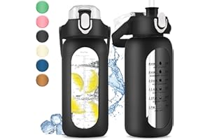 BYMUGO Szklana butelka na wodę o pojemności 1 litra ze znacznikiem czasu, 1000 ml, duże sportowe motywacyjne butelki na wodę z uchwytem i silikonowym etui, 1 litrowa szczelna butelka na napoje na siłownię,