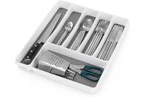 LIVIVO 6 Compartment Cutlery Tray – Grey & White Kitchen Drawer Organiser for Knives, Forks, Spoons, Utensils – BPA-Free Plastic Drawer Divider with Anti-Slip Base – Durable & Easy to Clean