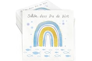 PAPU Napkins Christening Decoration, Pack of 40 Boho Rainbow Napkins Communion Blue Fish Napkins 'Schön Dass Du Da Bist' 3-Layer for First Communion Confirmation Decoration Christening Table Decoration