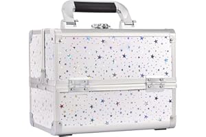 Joligrace Make-up-Koffer, Kosmetikkoffer, Kosmetik-Organizer-Box, Beauty-Aufbewahrung, Zugkoffer mit Spiegel, Weißer holografischer Stern