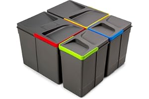 Emuca - Contenitori per cassetti da cucina con coperchio anti-odore, H 266 mm (2 x 15 L + 2 x7 L), Grigio antracite Tecnoplastica