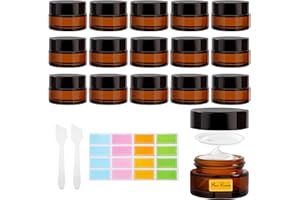 Vikcvcsc 15 Pezzi Vasetti Vetro Ambrato 20ml, Vasetti Vetro per Creme con 2 Raschietti 16 Etichette, Contenitori da Viaggio Marrone, Contenitori per Cosmetici, Creme, Lozioni, Oli Essenziali