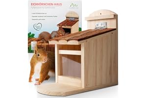 GARDIGO® Mangeoire Ecureuil Extérieur - avec Toit Ouvrant I Distrubuteur de Nourriture Écureuils I Maison Écureuil I Distributeur de Nourriture en Bois pour Plusieurs Animaux I Facile à Remplir.