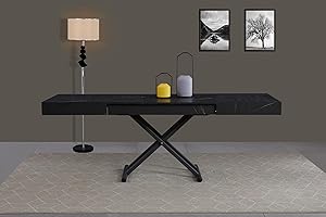 ‎VOLERO' VOLERO' ; Stół Transformowalny Oszczędzający Przestrzeń, Model Achille large, Mechanizm Podnoszenia i Opuszczania (żyłkowane czarne)