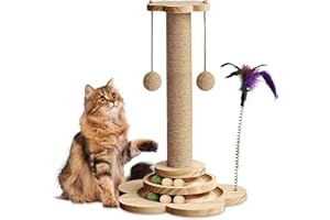 PQXJIOAE Cat Scratching Post with Solid Wood, Sturdy Cat Scratcher for Indoor Cats & Kittens, Kitten Toy with Scratching Post, Interactive Track Ball Toys, 2 Hanging Ball, Natural Sisal (46cm Tall)