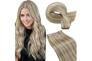 ‎LAAVOO LaaVoo Tressen Echthaar Extensions Blond Highlight Echthaar Tressen Zum Einnähen Aschblond Mit Gebleichtes Haarverlängerung Echthaar Glatt 50cm 100Gramm #P18/613