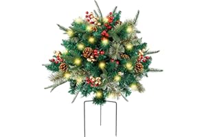 Tugeem 1PC Prelit Christmas Planter Bushes,Prelit Pot Fillers for Christmas,Faux Holiday Planters with Lights,Xmas Outdoor Artificial Urn Fillers Decorations for Pathway, Lawn, Patio(1PC)