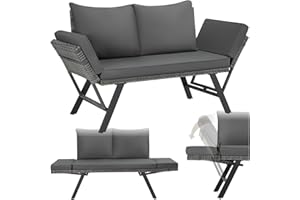 ‎TECTAKE tectake® Rattan Loungesofa und Sonnenliege, Gartenmöbel, Lounge Möbel Outdoor, Sitzbank mit Schlaffunktion, Couch mit klappbarer Armlehne, Balkonmöbel, Gartenbank, Sofa, Balkon Möbel - grau