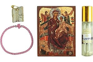 ‎VATOPEDI MONASTERY Panagia Pantanassa Icon, authentisches Gebetsband, Heilige Myrrhe und Schutzamulett - Geschenkset vom Berg Athos