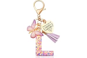 Anruzon Initial Letter Keychain, Women Tassel Butterfly Pendant Pink Purple Cute Car Keyrin, Purple and Gold Resin Alphabet Key Ring for Wallet, Personalised Keyring