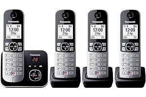 Panasonic KX-TG6864GB telefon bezprzewodowy z 4 telefonami i automatyczną sekretarką (blokada do 1000 numerów telefonów, przejrzysty rozmiar czcionki, głośna słuchawka, zestaw głośnomówiący w pełnym