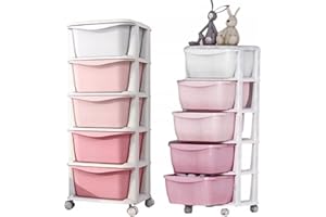 ECARLA Mehrfarben Kinderregal mit aufbewahrungsboxen mit 4 Räder, Höhenverstellbar Kinderzimmerregale aufbewahrungsbox Kinder, Kunststoffregal, Schrank Organizer mit 5 Schubladen (Variante 2)