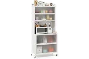 COSTWAY Kitchen Storage Cabinet, 5/6 Tier Bakers Rack Microwave Stand with Flip Door Cabinets, Pegboard, Hooks, Wheels & Adjustable Foot Pads, Freestanding Pantry Cupboard (6 Tier, 80x40x181cm, White)