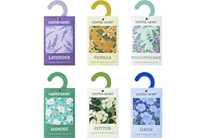 LASENTEUR Scented Sachets, Hanging Fragrance Sachets for Wardrobe, Drawer, Cupboard, Closets, Office, Clothes, Car, Wardrobe Scents, 6 Packs - Linen, Jasmine, Vanilla, Cotton, Eucalyptus, Lavender