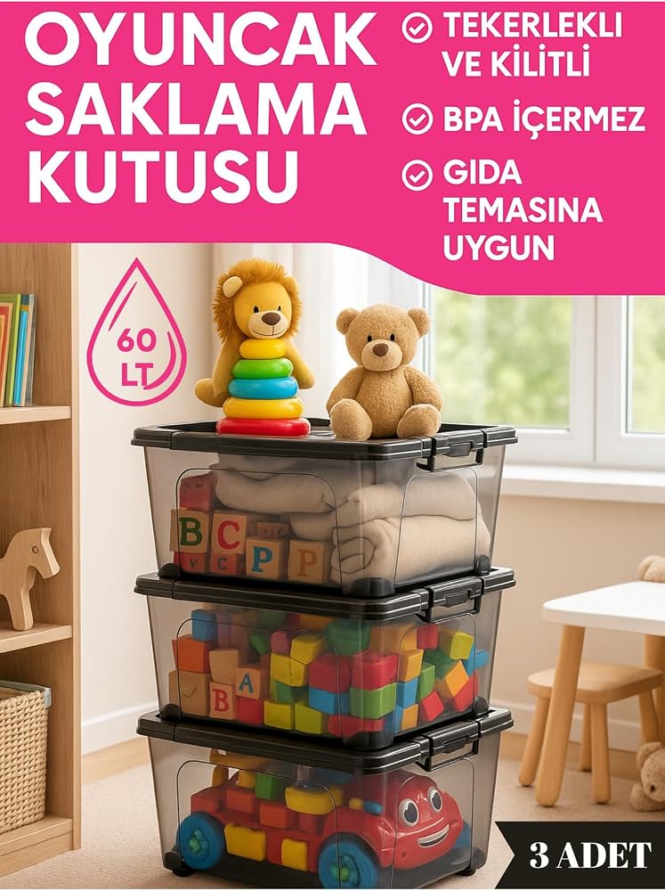 60 LT Kapaklı Oyuncak Saklama Kutusu 3’lü Set – Tekerlekli Kilitli BPA İçermez Çocuk Odası Organizer Siyah