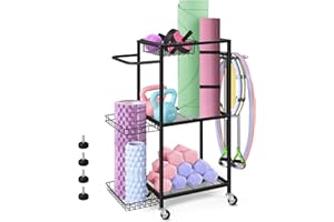 smusei Support pour équipement de sport, 3 niveaux de rangement pour tapis de yoga, support de poids en métal avec roues et 8 crochets, pour la maison, équipement de fitness, chariot pour bloc de yoga