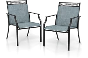COSTWAY Garden Chairs Set of 2, Outdoor Metal Frame Texteline Dining Chairs with High Back and Armrests, All-Weather Patio Bistro Chair Deck Seats for Backyard Lawn Porch (Blue, 66 x 61 x 91 cm)