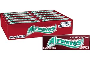 Airwaves Chewing Gum Cherry Menthol, 30 Packs of 10 Pieces, Sugar Free Chewing Gum Bulk Pack with Menthol Freshness (300 pieces)