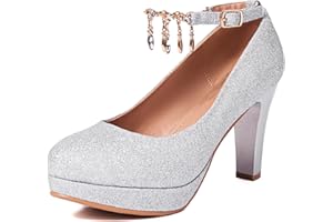 XIEWANG Damen High Heels Hochzeit Party Abschlussball Blockabsatz Pumps Glitzer Strass Knöchelriemen Pumps