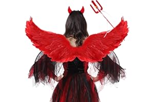 JUXTAPOSIA Halloween Flügel Rot,60CM Engelsflügel Rot mit Teufel Horn Rot,Teufels Flügel Helloween,Federflügel Engel,rot Engel Kostüm Damen,Engelsflügel Rot,Rot Engel Kostüm Mädchen