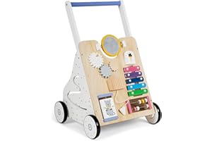 Buddy Baby Montessori- Walker in legno - Passeggino per primi passi con giocattoli e attività - Passeggino per bambini +12 mesi (Oslo/bianco)