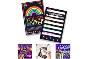 GHKJOK 20 PCS Neon Party Invitations Kids - Glow Rainbow Birthday Invitations for Girls & Boys | Colourful Invitation Cards Disco Festival Party Invites Ready to Write