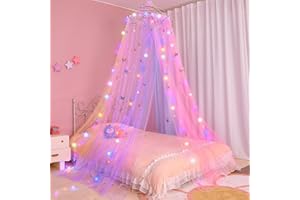 MHJY Bed Canopy for Girls Room Bed Curtains with LED Lights Mosquito Net DIY Princess Room Décor with Stars Butterflies for Kids Bedroom Colorful