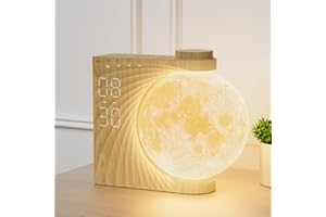 RETEYUNG Reloj despertador con Simulador de Amanecer, Lámpara Luna 3D Giratoria, RGB 8 Colores, Sin Tic-Tac,12/24h, Luz Nocturna con Sonidos Naturales, para Dormitorio, Hogar, Oficina