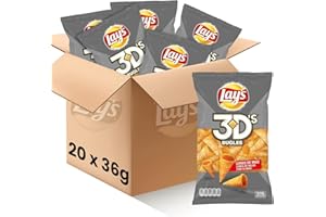 PEPSICO RUFFLES Lay's 3D's - Snack Crujiente con Sabor a Bacon y Queso, Pack de 20 Bolsas del Delicioso e Irresistible Aperitivo de Conos de Maíz Fritos, Total: 20 x 36g = 720 g
